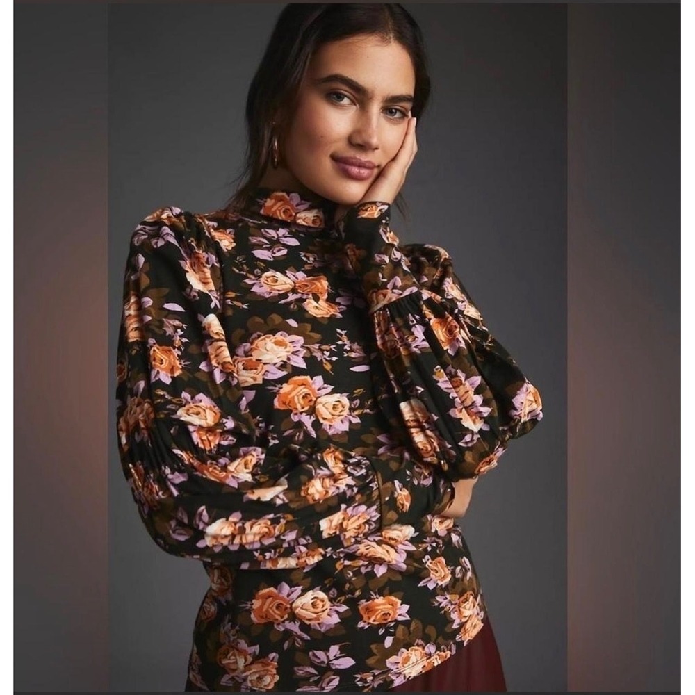 By Anthropologie Floral Mock Neck Bishop Sleeve Top Rose Medium Whimsigoth